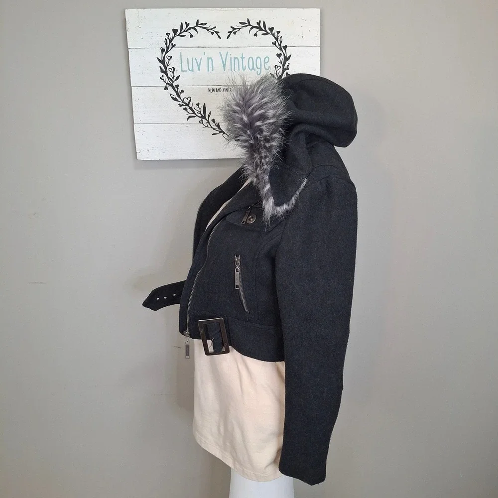 JouJou Girls Charcoal Grey‎ Faux Fur Hooded Moto Jacket Size Medium 10 12